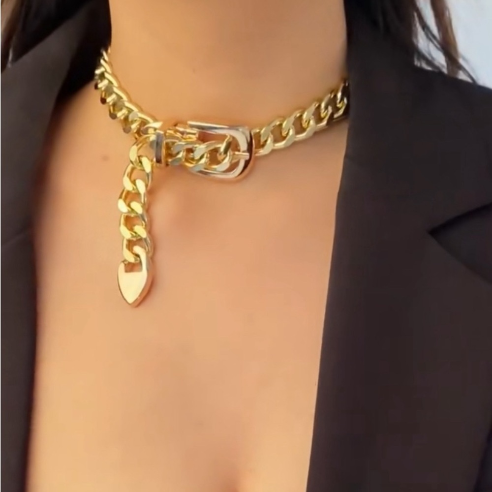 Exaggerated Big Heavy Metal Belt Choker Necklace for Women Punk Thick Chunky